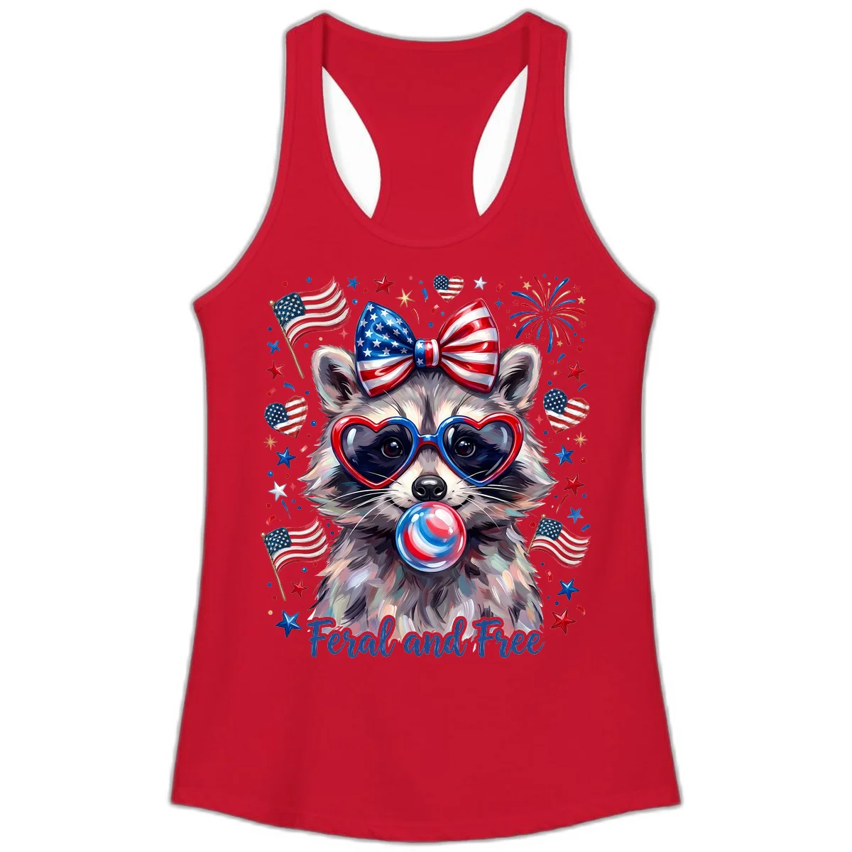 Patriotic Raccoon Feral and Free Fourth of July Ladies Tank in Solid Red