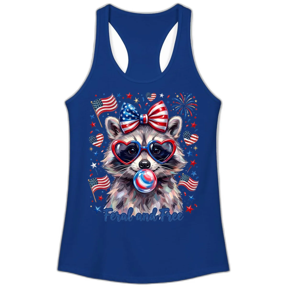 Patriotic Raccoon Feral and Free Fourth of July Ladies Tank in Solid Royal