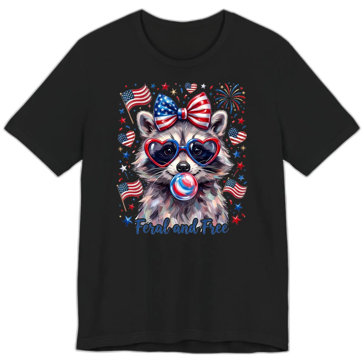 Patriotic Raccoon Feral and Free Fourth of July Premium T-Shirt in Black