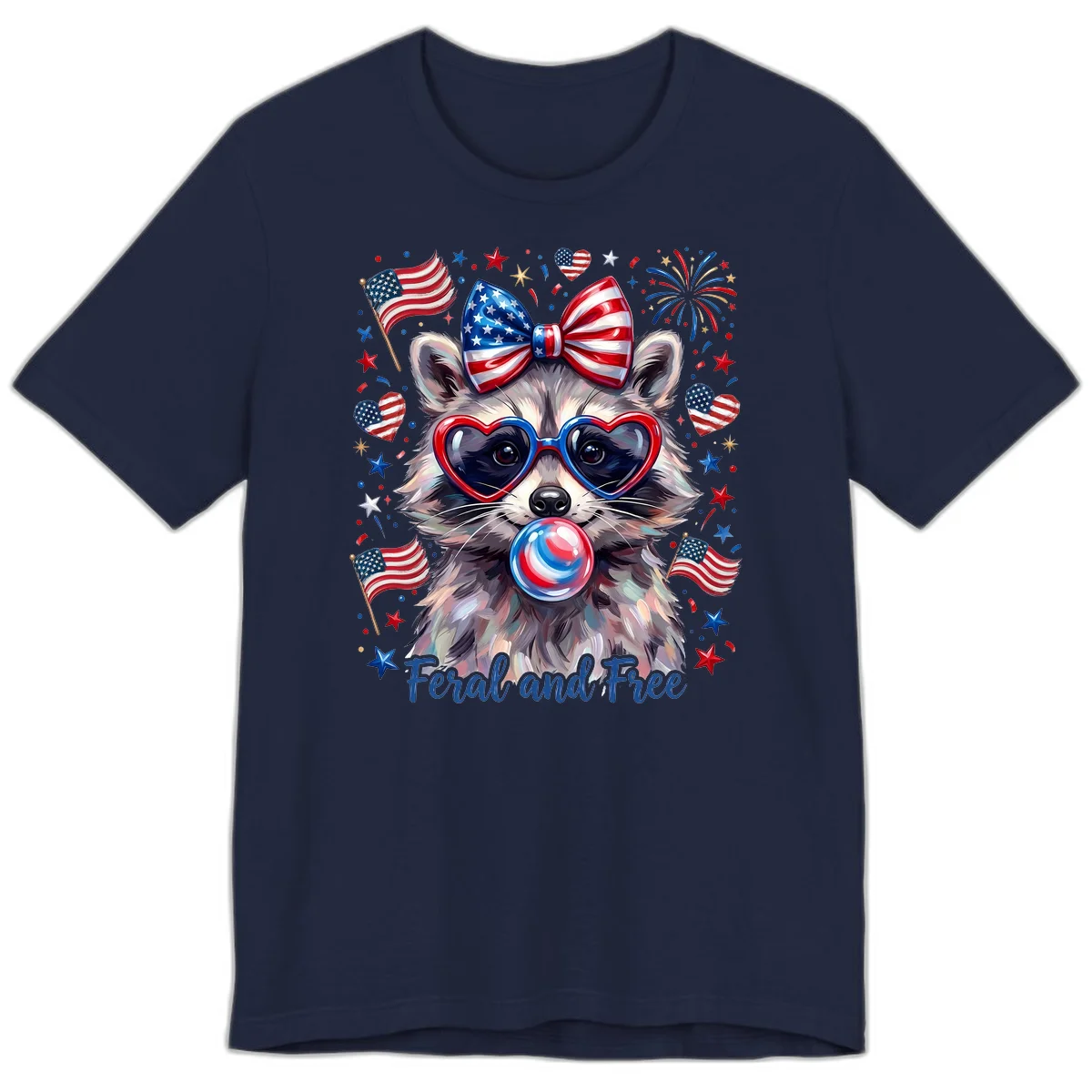 Patriotic Raccoon Feral and Free Fourth of July Premium T-Shirt in Navy