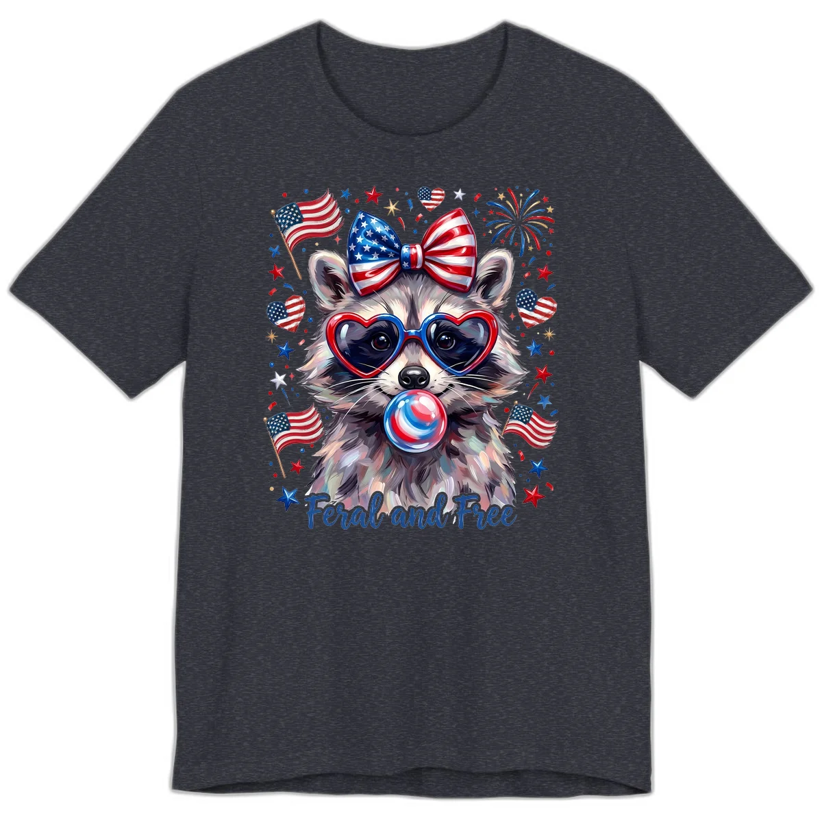 Patriotic Raccoon Feral and Free Fourth of July Premium T-Shirt in Heather Navy