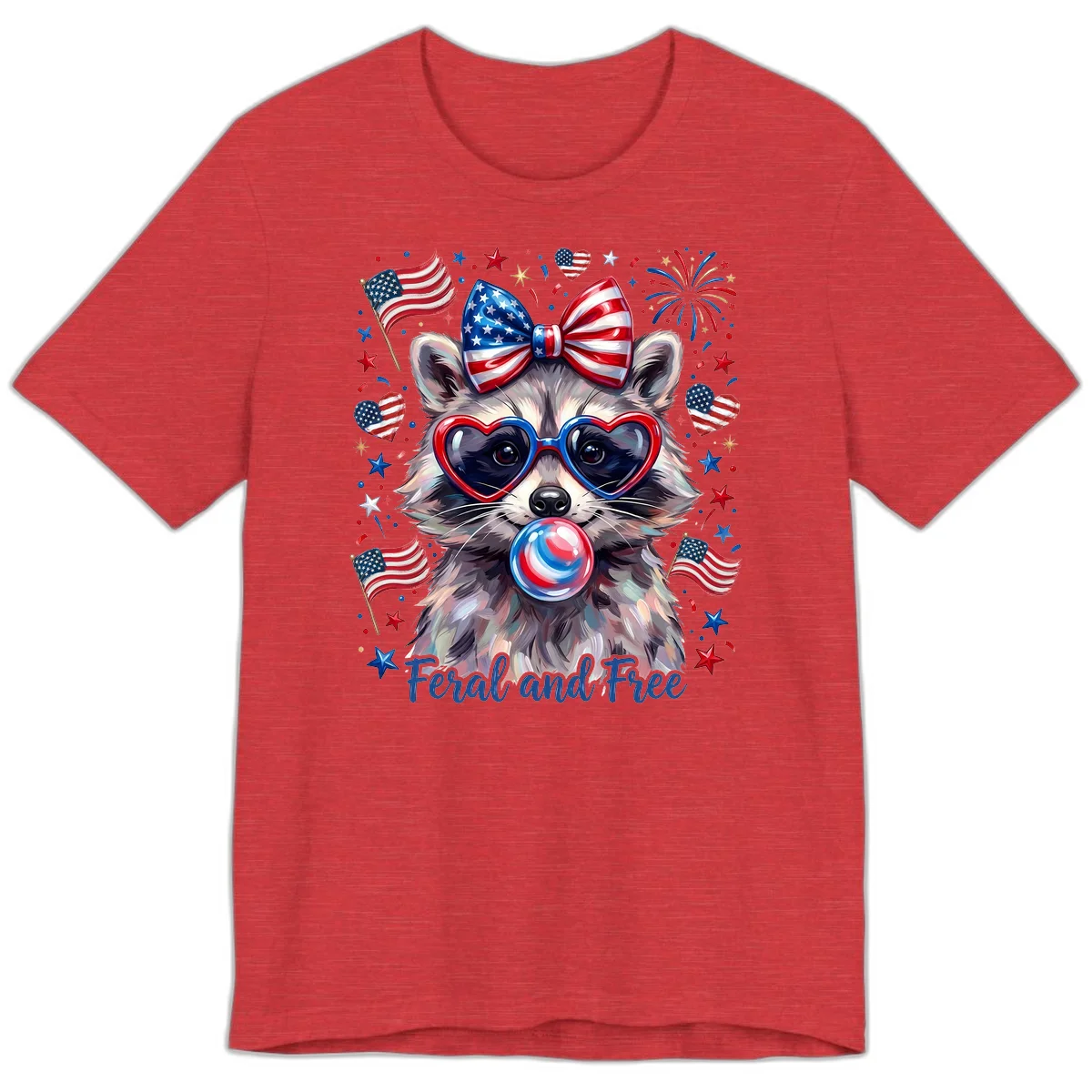 Patriotic Raccoon Feral and Free Fourth of July Premium T-Shirt in Heather Red