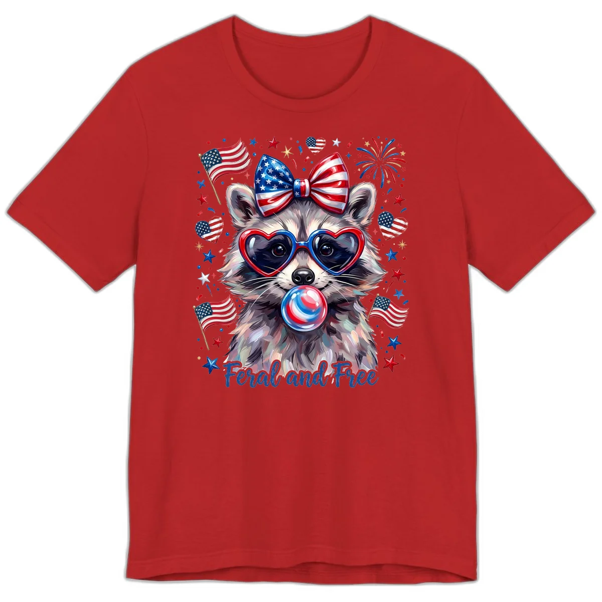 Patriotic Raccoon Feral and Free Fourth of July Premium T-Shirt in Red