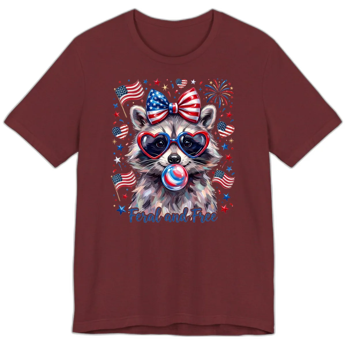 Patriotic Raccoon Feral and Free Fourth of July Premium T-Shirt in Heather Cardinal