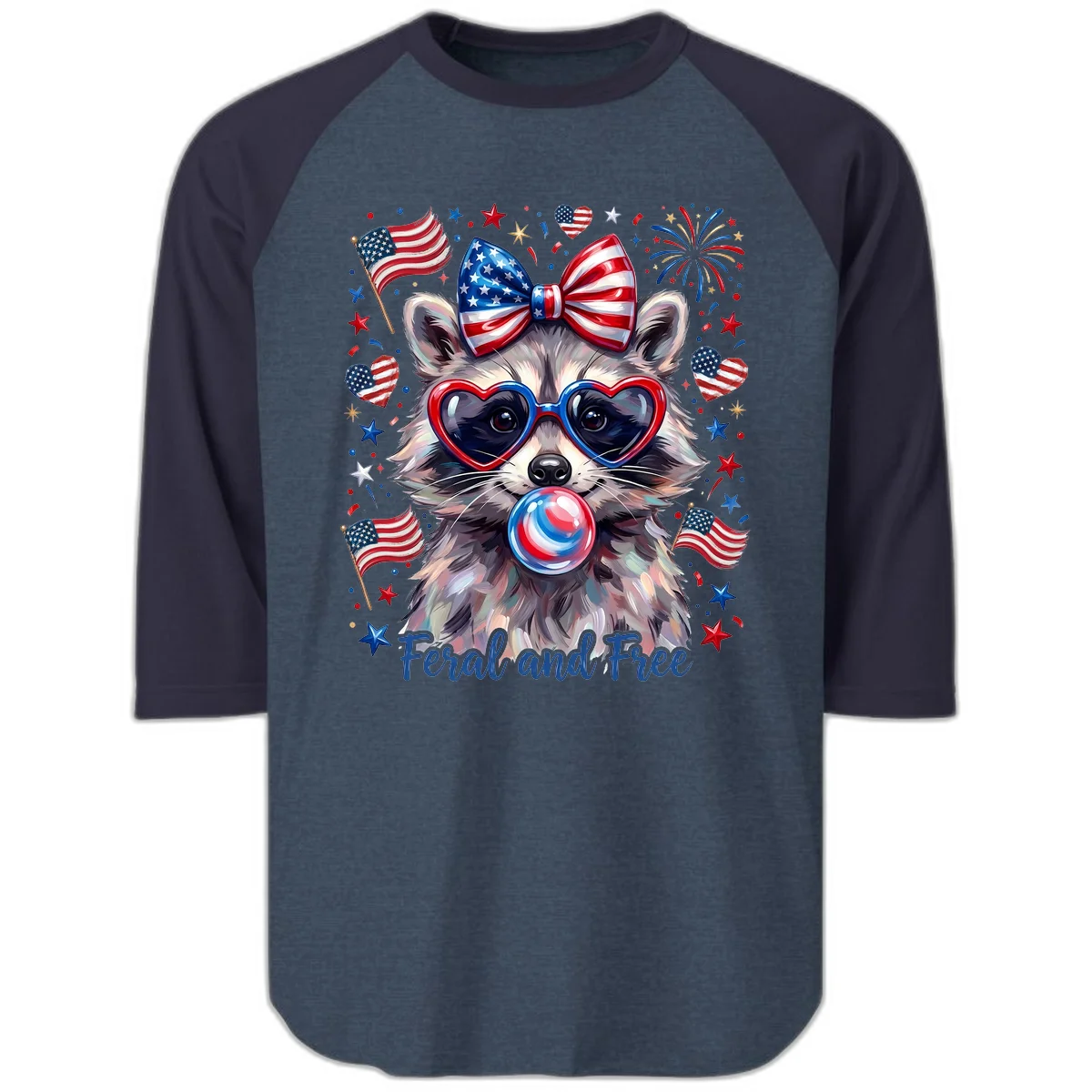 Patriotic Raccoon Feral and Free Fourth of July Raglan 3/4 in Heather Denim Navy