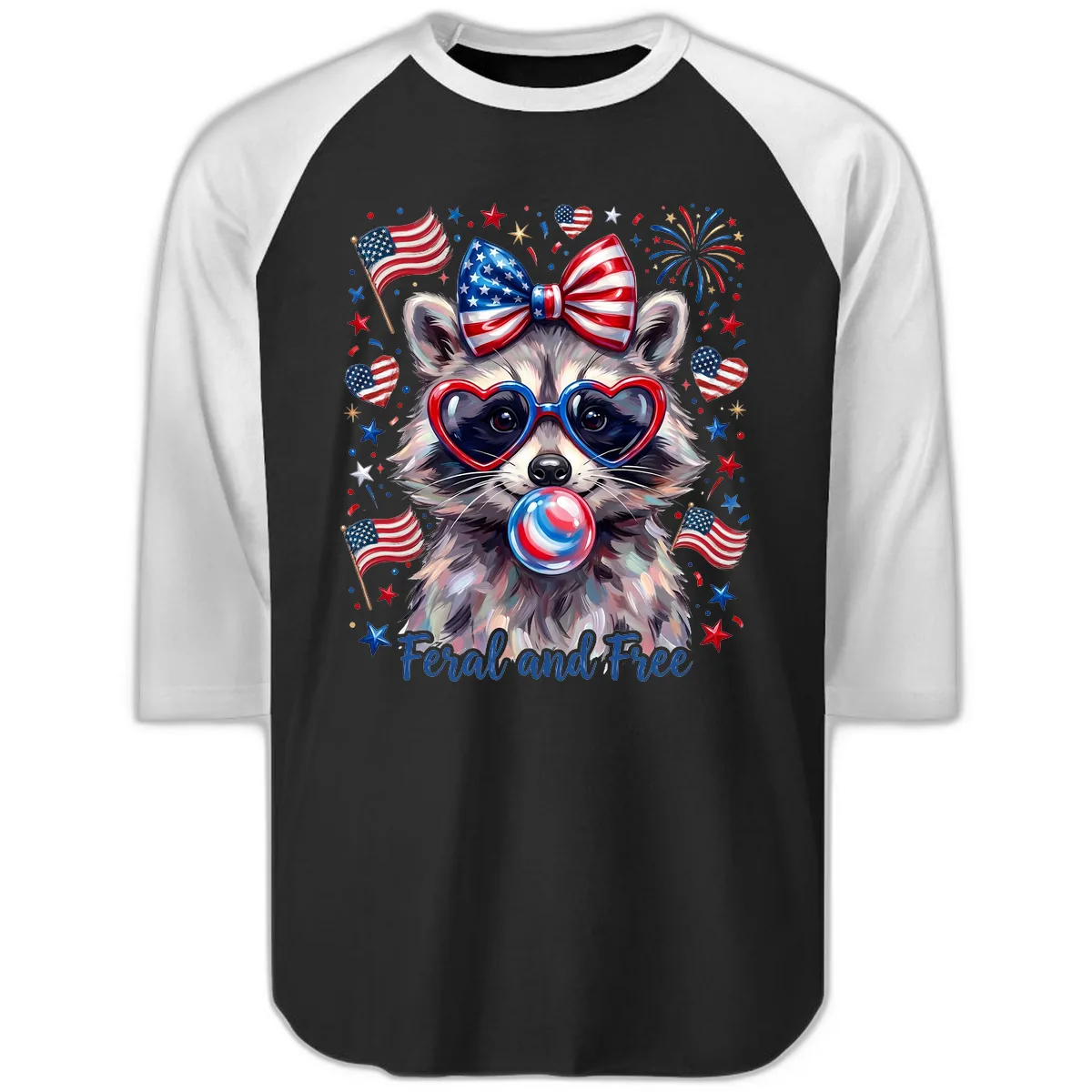 Patriotic Raccoon Feral and Free Fourth of July Raglan 3/4 in Black White