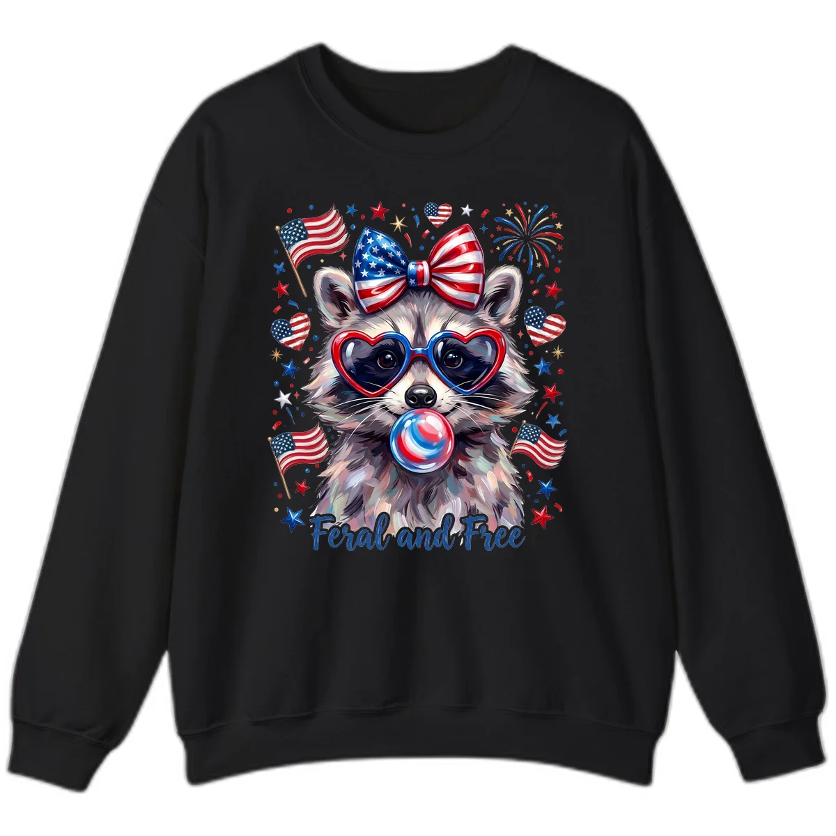 Patriotic Raccoon Feral and Free Fourth of July Sweatshirt in Black