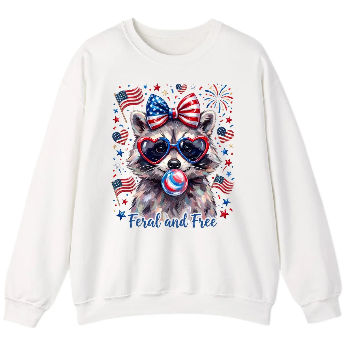 Patriotic Raccoon Feral and Free Fourth of July Sweatshirt in White