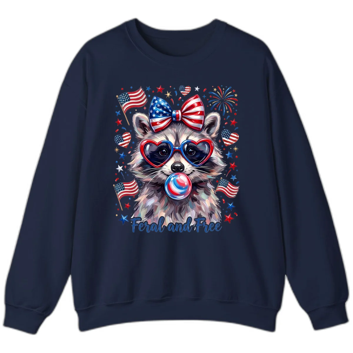 Patriotic Raccoon Feral and Free Fourth of July Sweatshirt in Navy