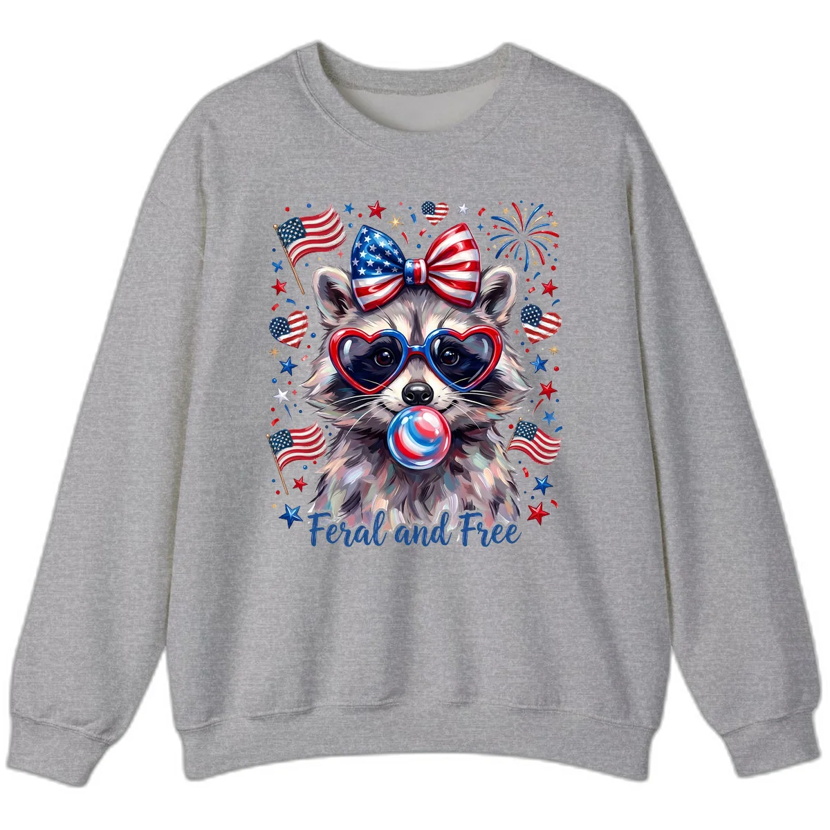 Patriotic Raccoon Feral and Free Fourth of July Sweatshirt in Sport Grey