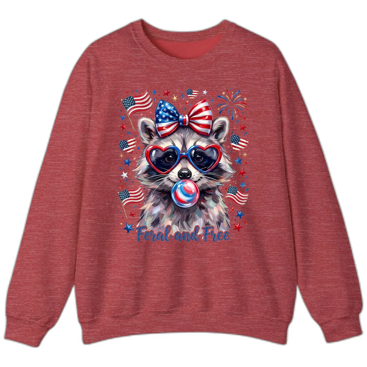 Patriotic Raccoon Feral and Free Fourth of July Sweatshirt in Heather Scarlet Red