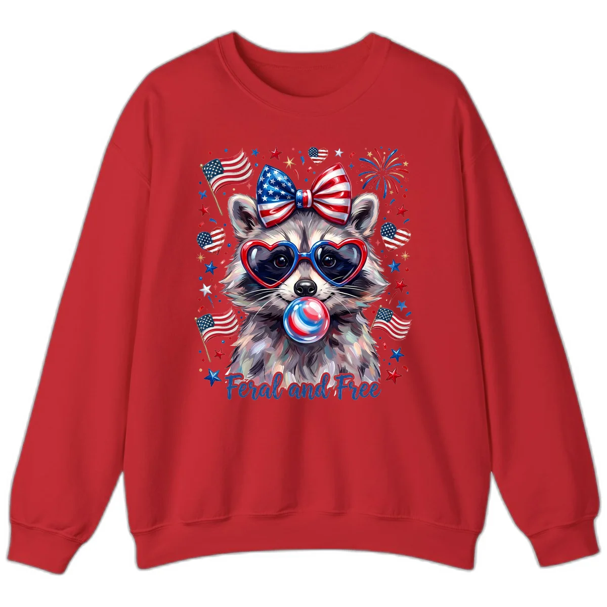 Patriotic Raccoon Feral and Free Fourth of July Sweatshirt in Red
