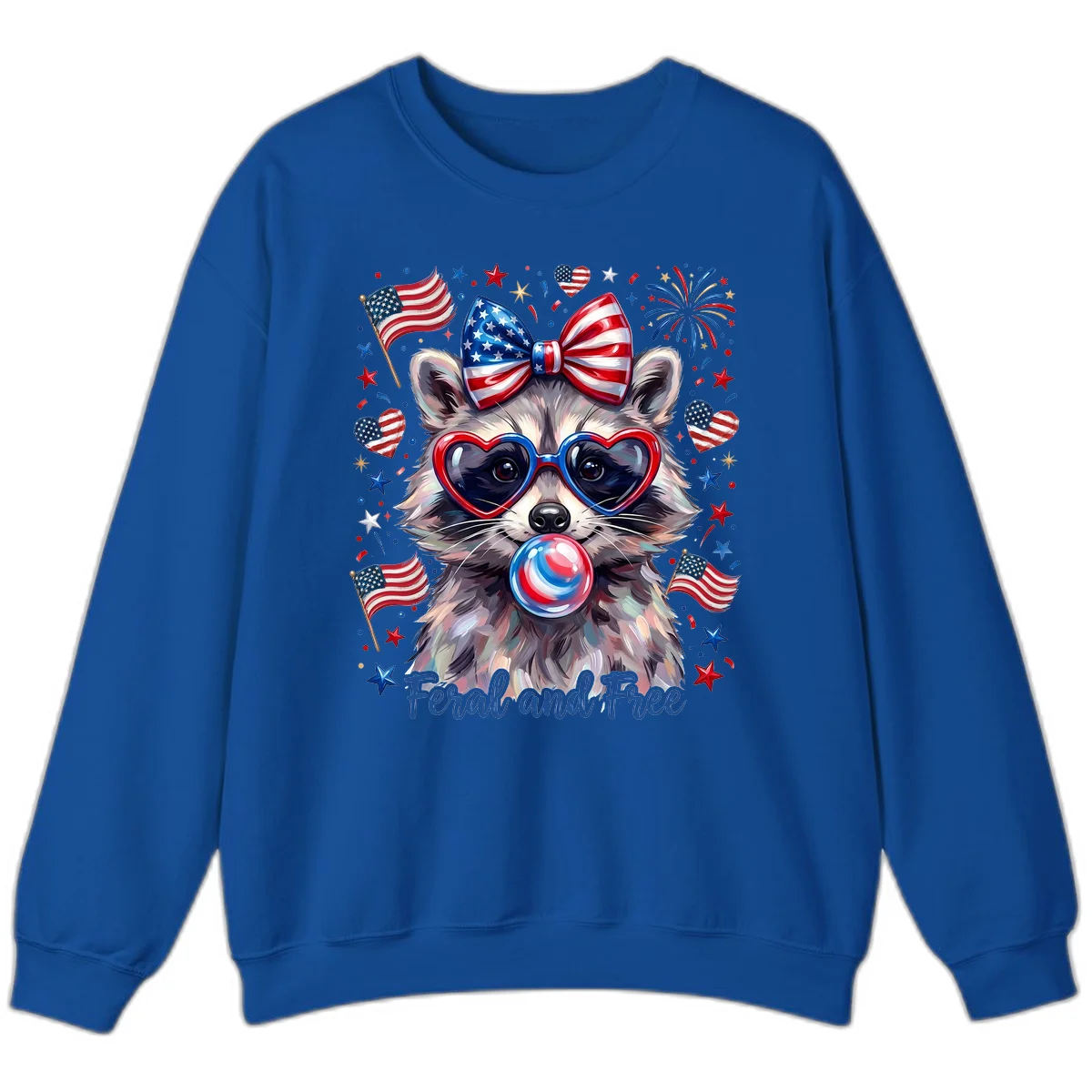 Patriotic Raccoon Feral and Free Fourth of July Sweatshirt in Royal