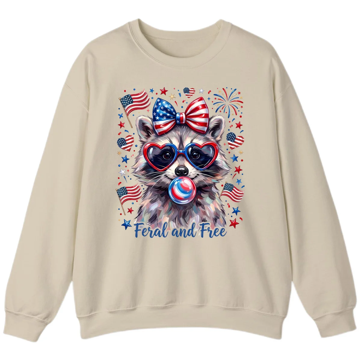 Patriotic Raccoon Feral and Free Fourth of July Sweatshirt in Sand