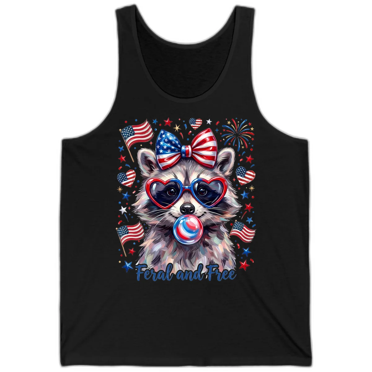 Patriotic Raccoon Feral and Free Fourth of July Tank in Black