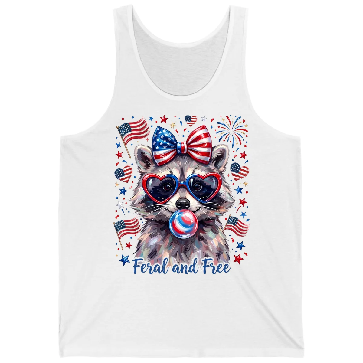 Patriotic Raccoon Feral and Free Fourth of July Tank in White