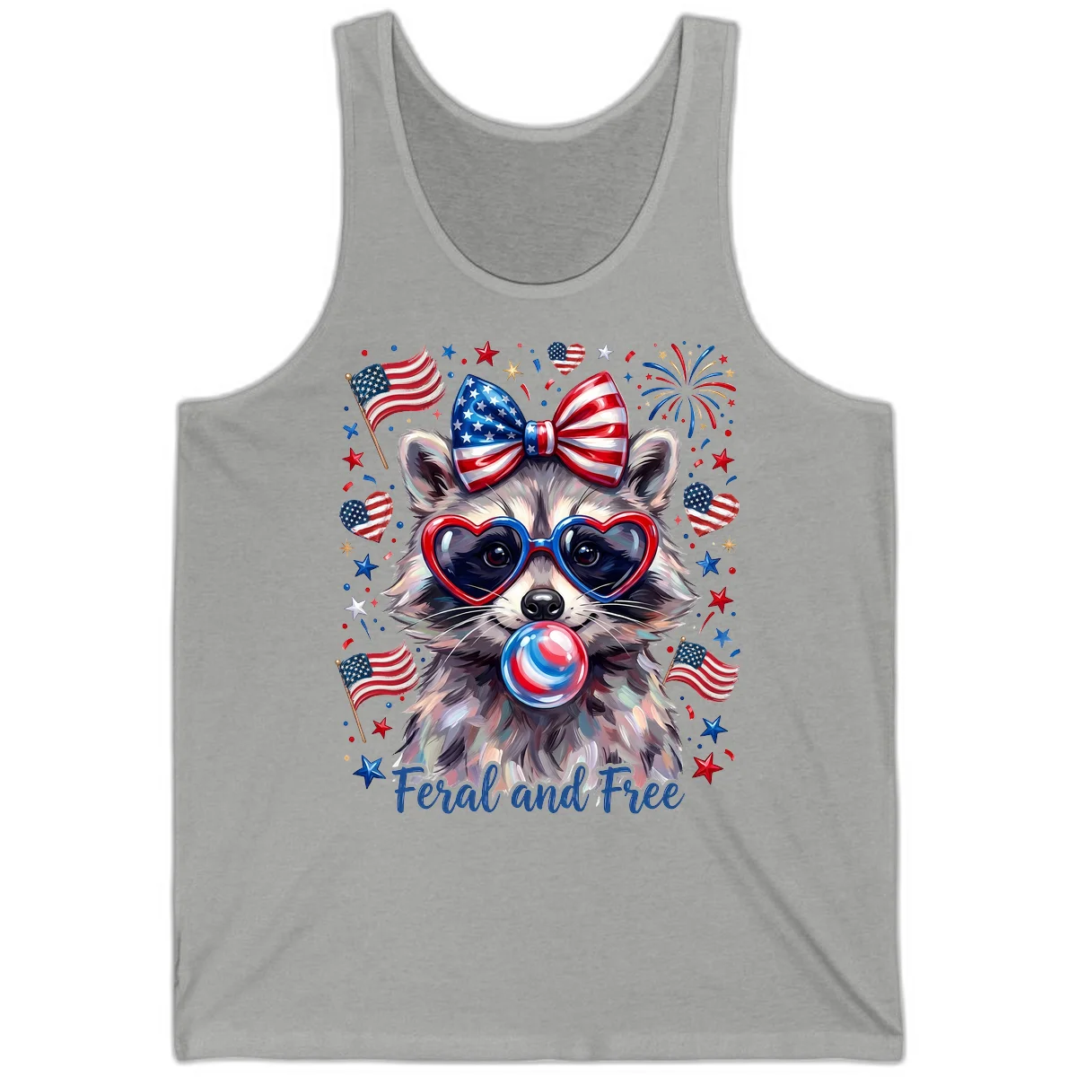 Patriotic Raccoon Feral and Free Fourth of July Tank in Athletic Heather