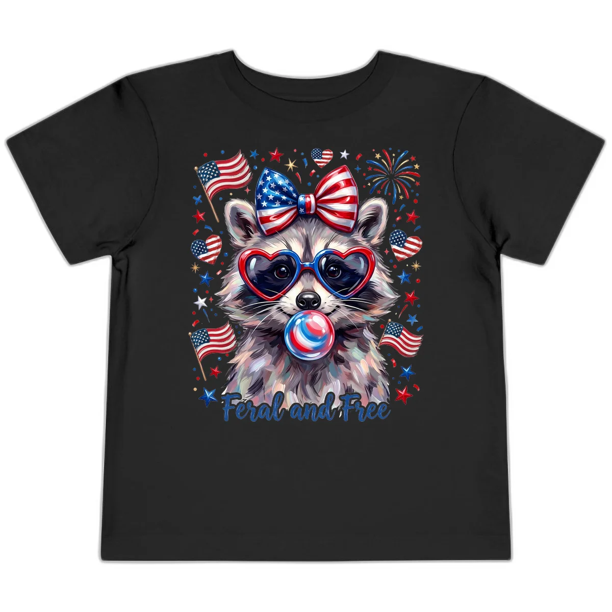 Patriotic Raccoon Feral and Free Fourth of July Toddler T-Shirt in Black