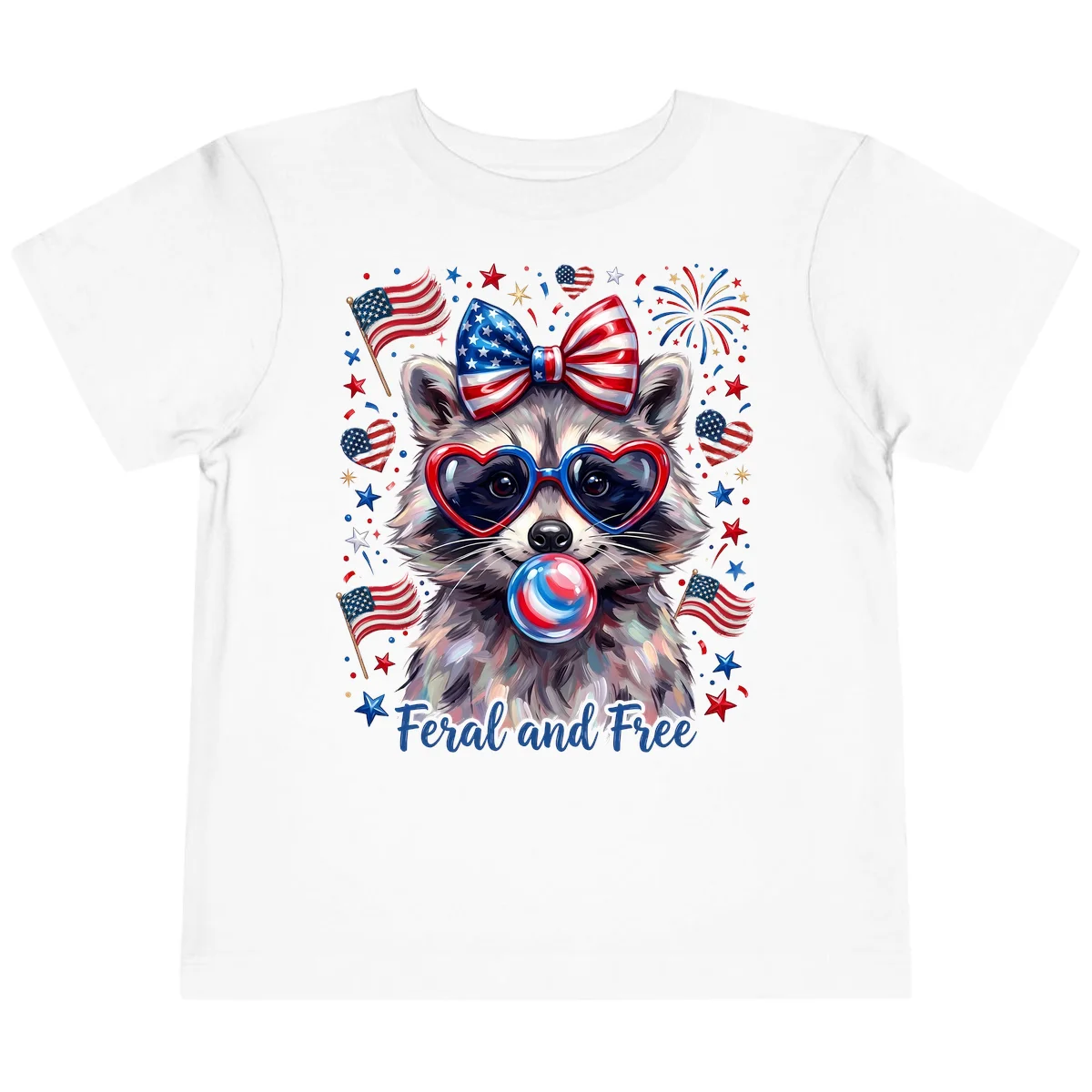 Patriotic Raccoon Feral and Free Fourth of July Toddler T-Shirt in White