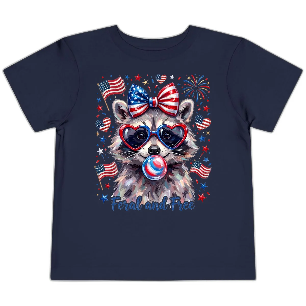 Patriotic Raccoon Feral and Free Fourth of July Toddler T-Shirt in Navy