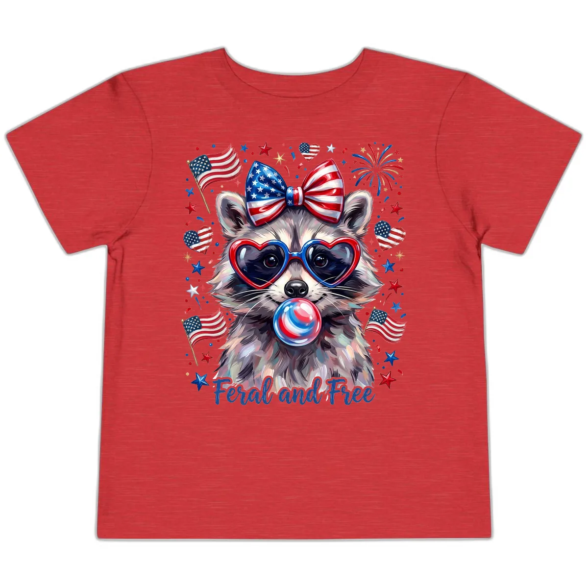 Patriotic Raccoon Feral and Free Fourth of July Toddler T-Shirt in Heather Red