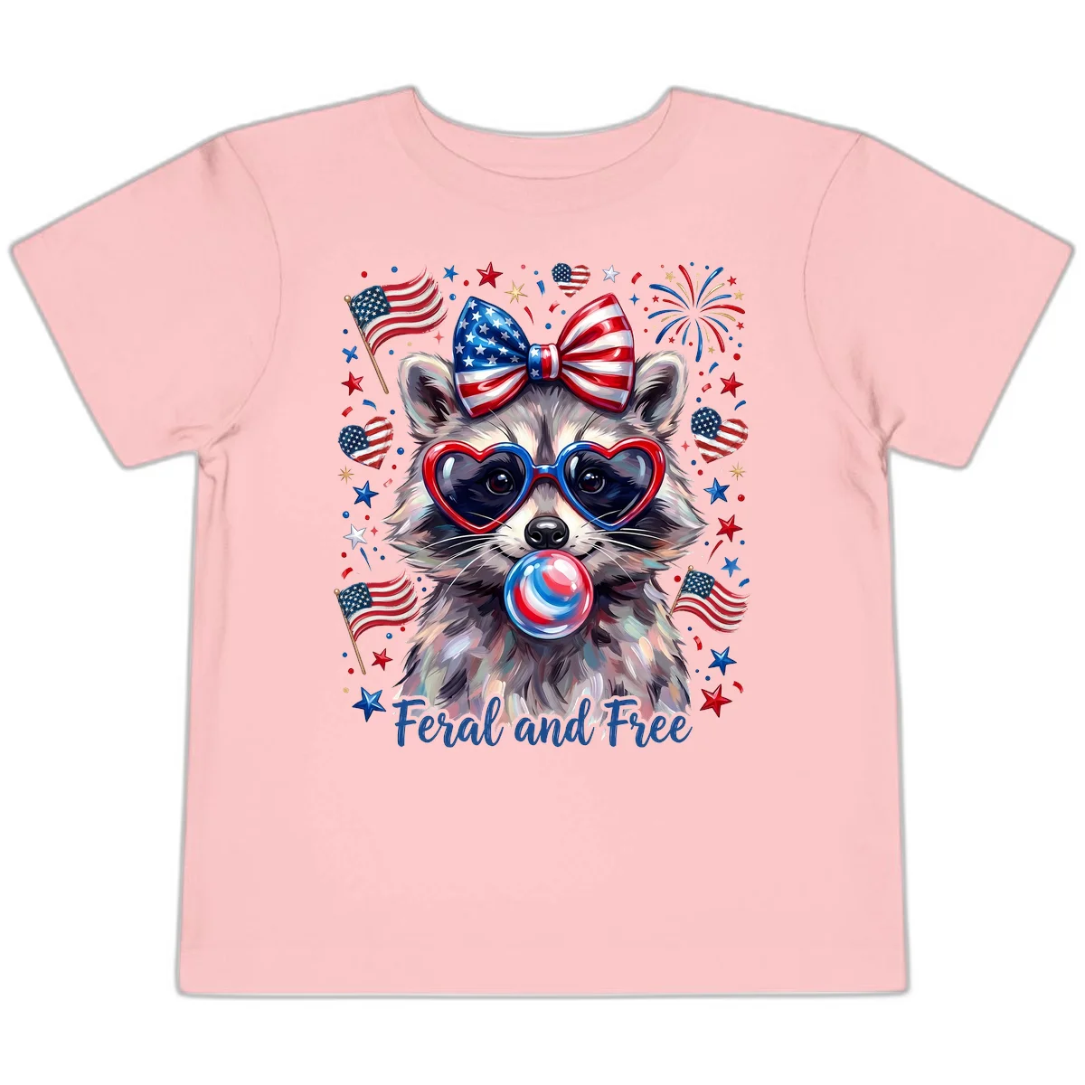 Patriotic Raccoon Feral and Free Fourth of July Toddler T-Shirt in Pink