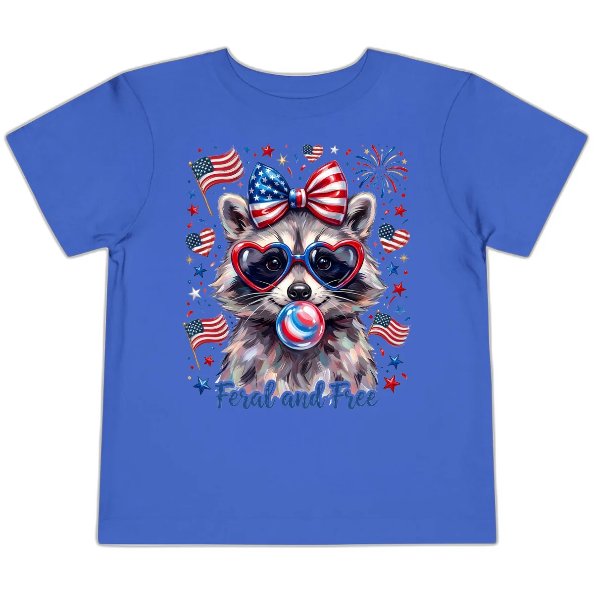 Patriotic Raccoon Feral and Free Fourth of July Toddler T-Shirt in True Royal