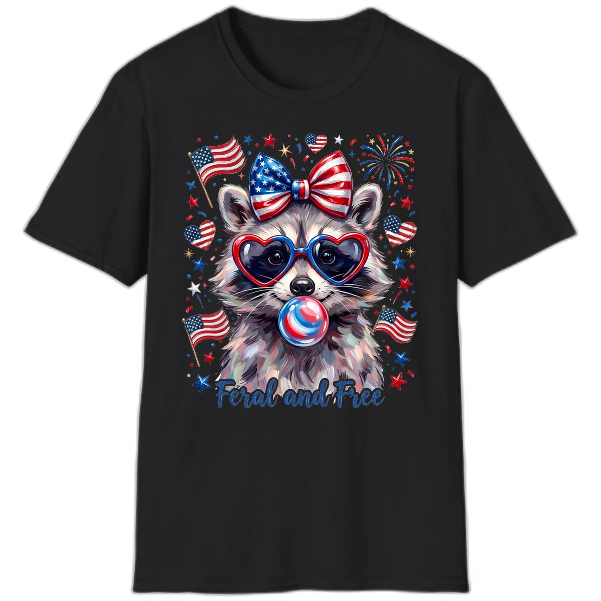 Patriotic Raccoon Feral and Free Fourth of July T-Shirt in Black