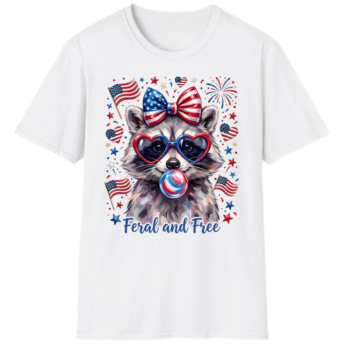 Patriotic Raccoon Feral and Free Fourth of July T-Shirt in White