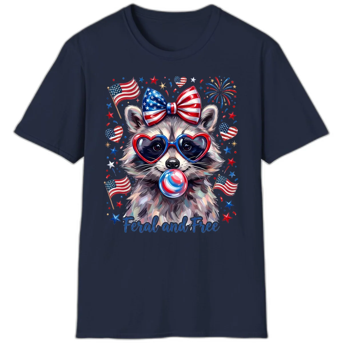 Patriotic Raccoon Feral and Free Fourth of July T-Shirt in Navy