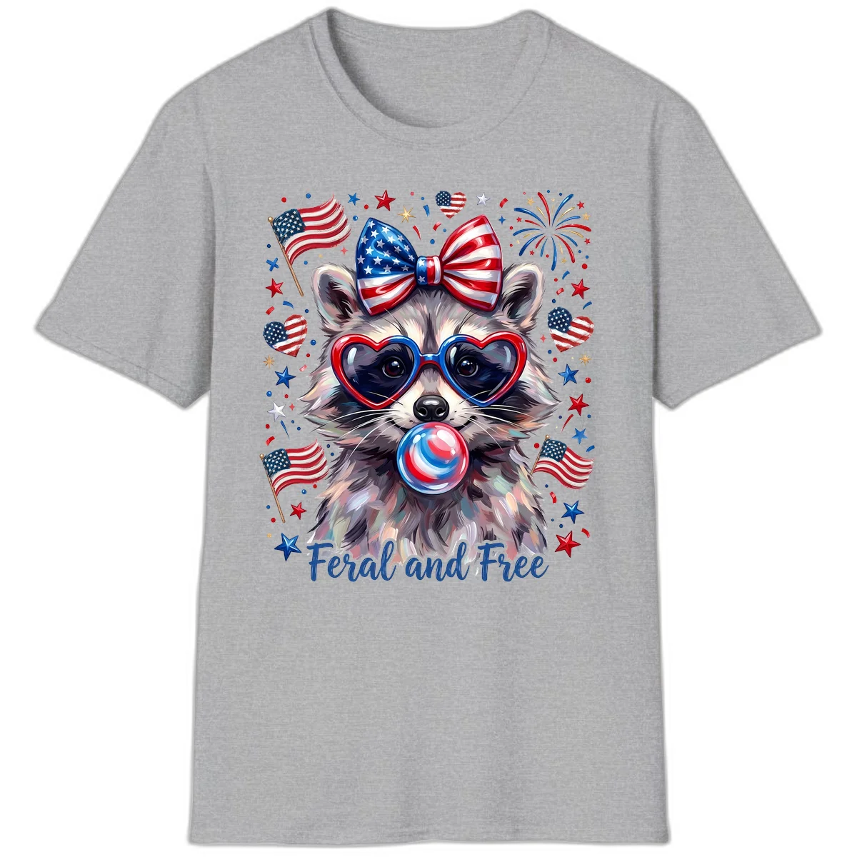 Patriotic Raccoon Feral and Free Fourth of July T-Shirt in Sport Grey