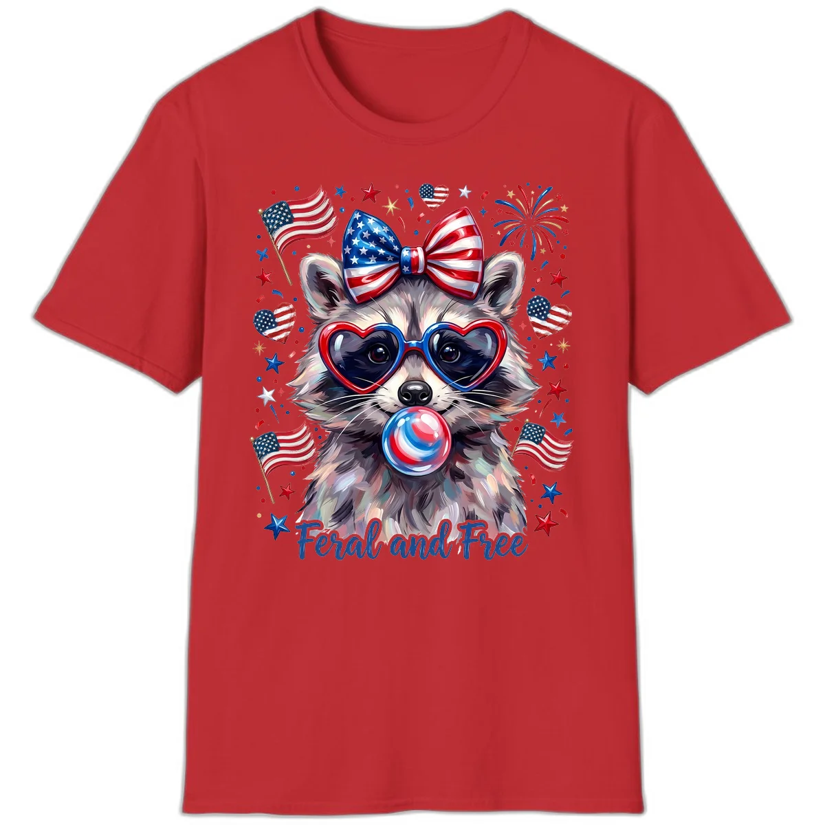 Patriotic Raccoon Feral and Free Fourth of July T-Shirt in Red