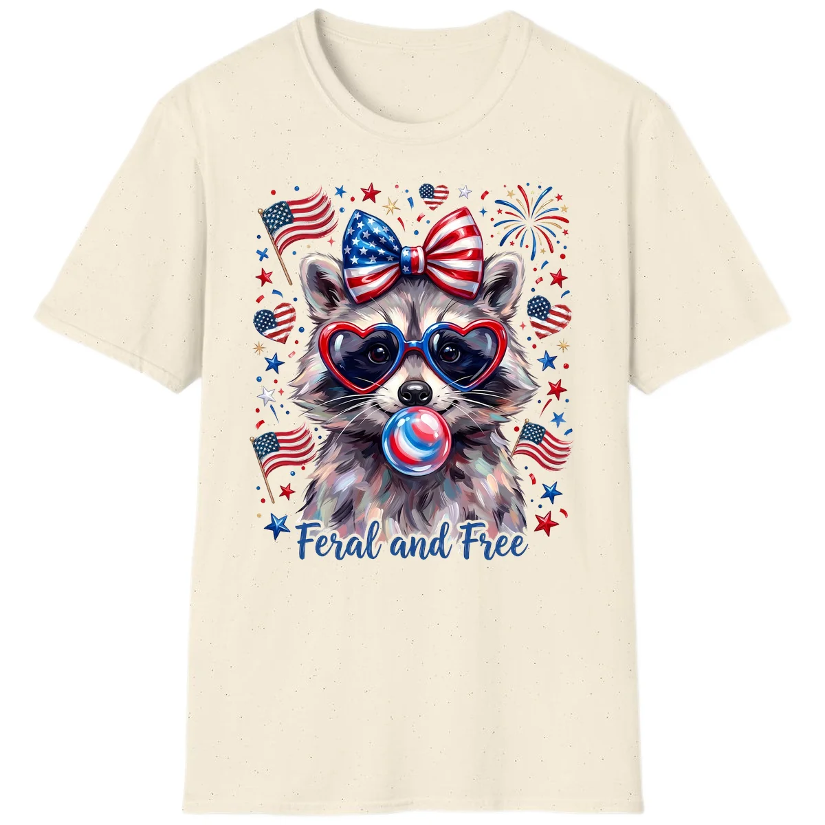 Patriotic Raccoon Feral and Free Fourth of July T-Shirt in Natural