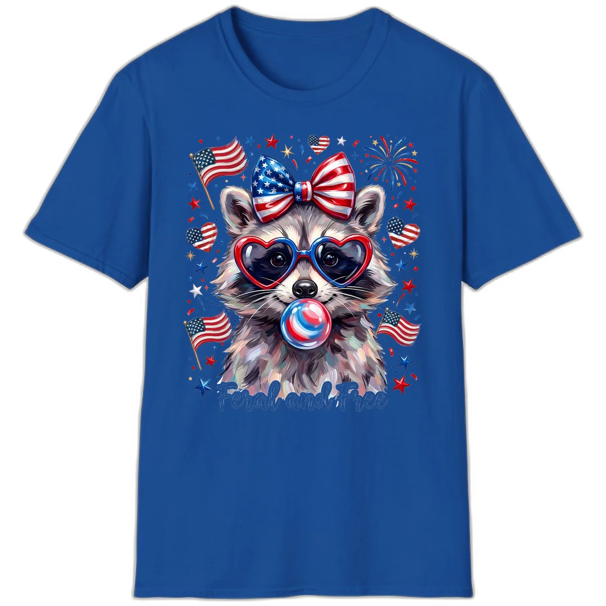 Patriotic Raccoon Feral and Free Fourth of July T-Shirt in Royal