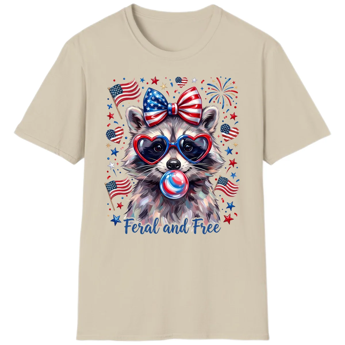 Patriotic Raccoon Feral and Free Fourth of July T-Shirt in Sand