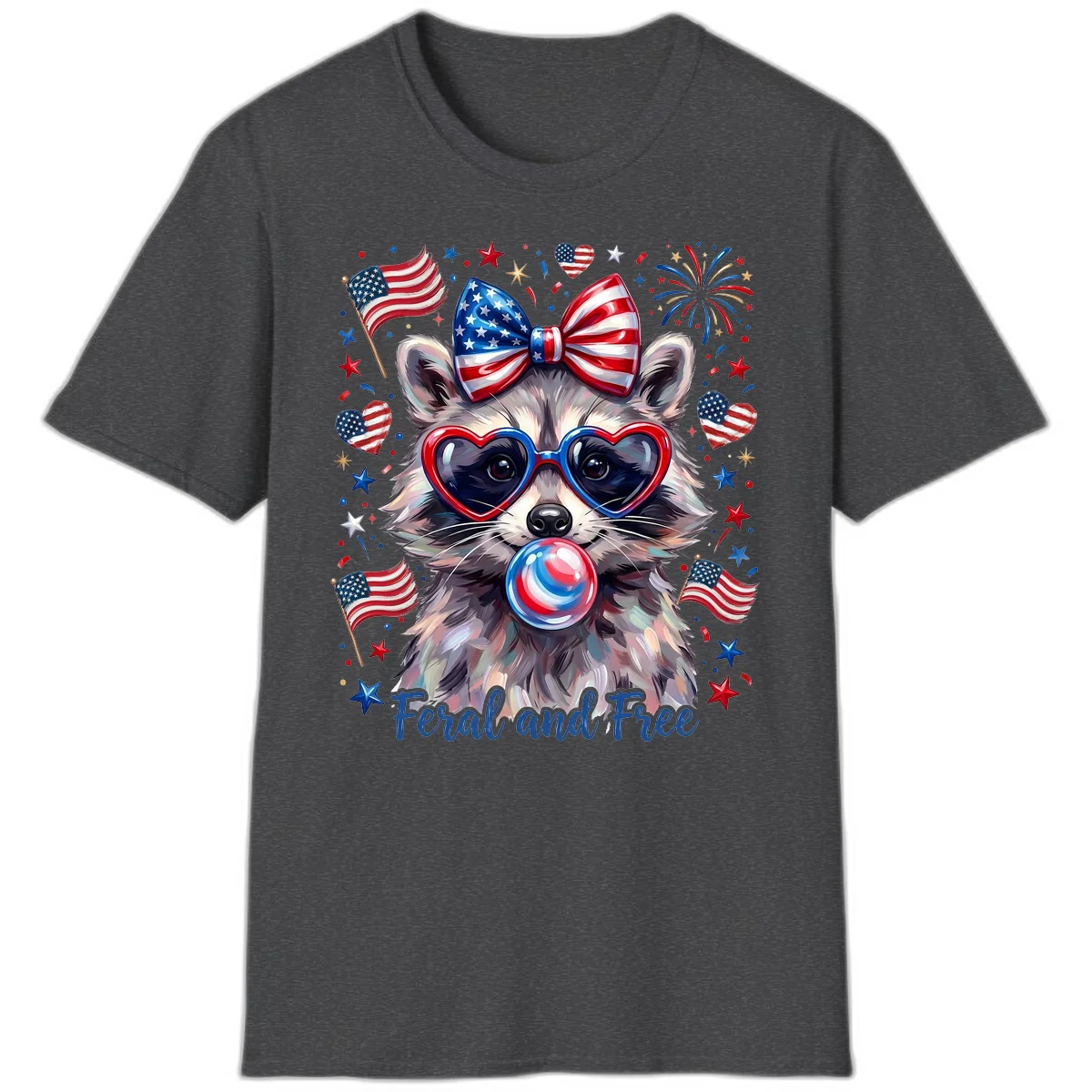 Patriotic Raccoon Feral and Free Fourth of July T-Shirt in Dark Heather