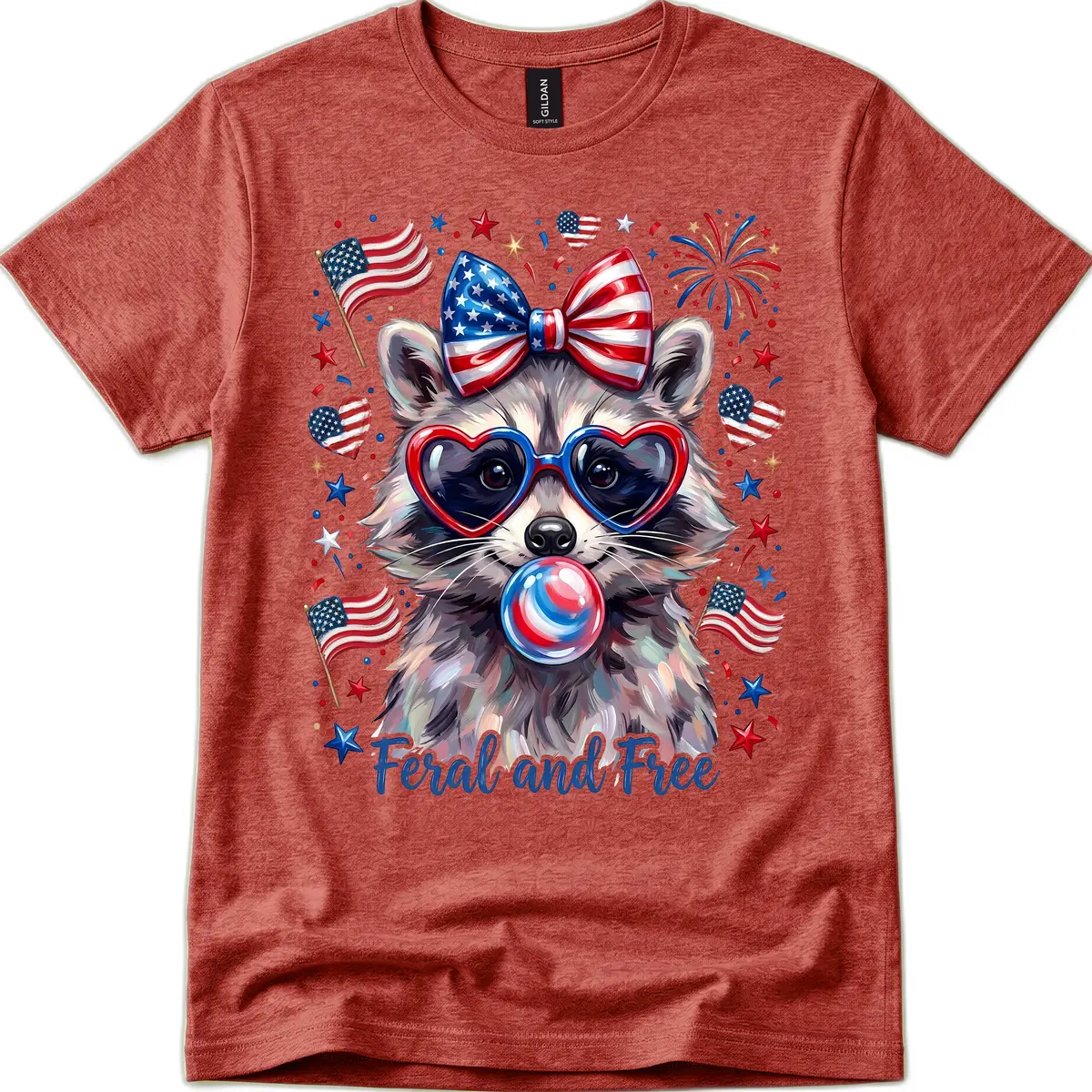 Patriotic Raccoon Feral and Free Fourth of July T-Shirt in Heather Cardinal