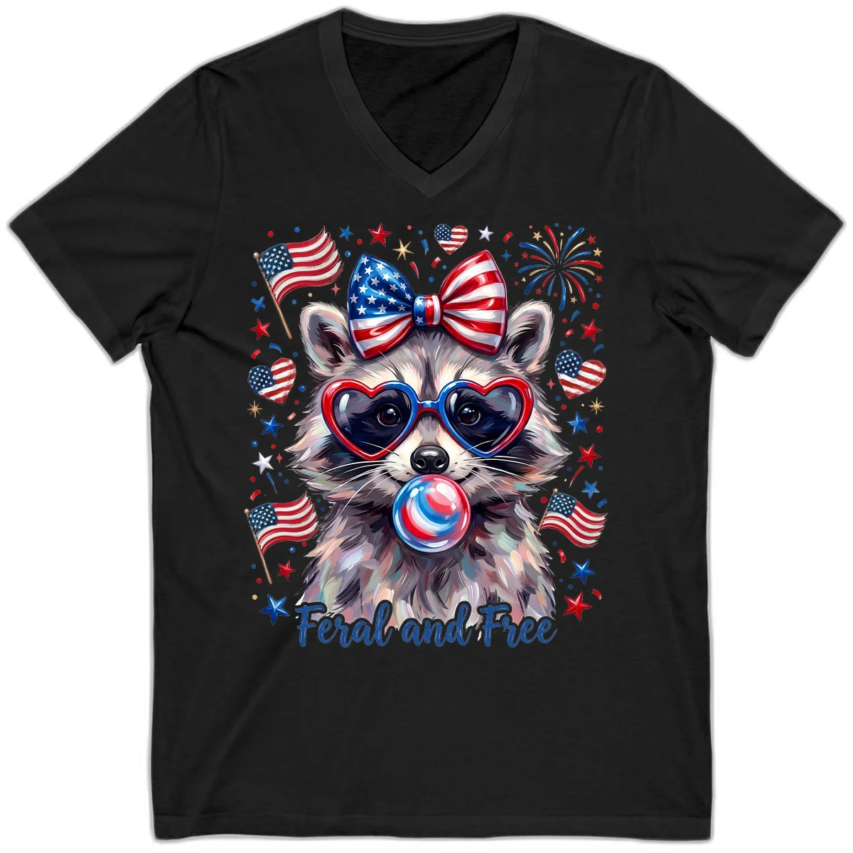 Patriotic Raccoon Feral and Free Fourth of July V-Neck in Black