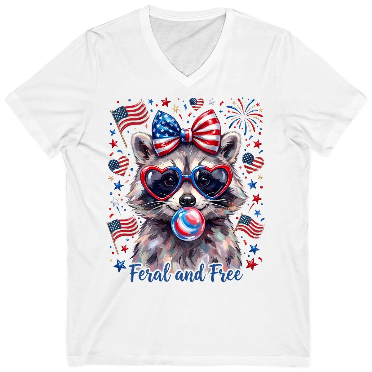 Patriotic Raccoon Feral and Free Fourth of July V-Neck in White