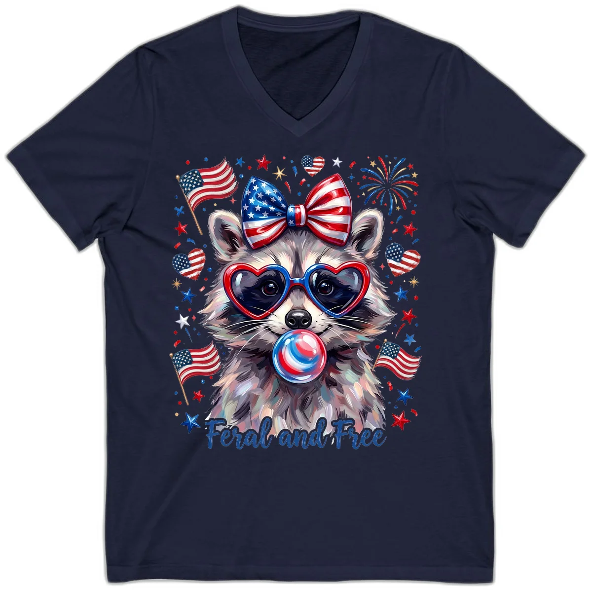 Patriotic Raccoon Feral and Free Fourth of July V-Neck in Navy