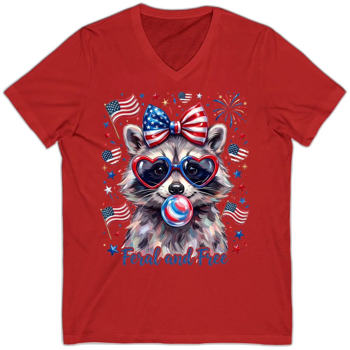 Patriotic Raccoon Feral and Free Fourth of July V-Neck in Red