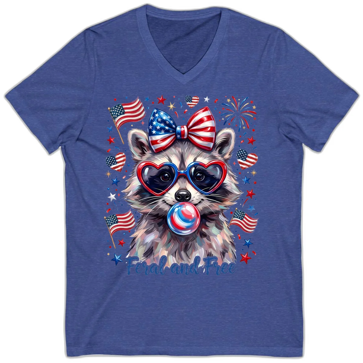 Patriotic Raccoon Feral and Free Fourth of July V-Neck in Heather True Royal
