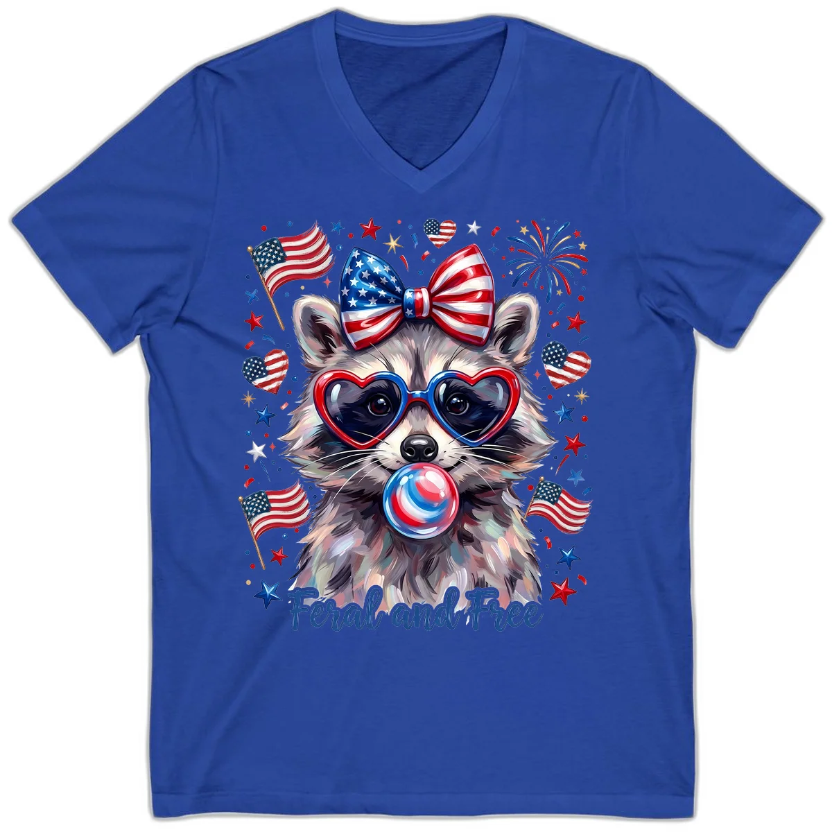 Patriotic Raccoon Feral and Free Fourth of July V-Neck in True Royal