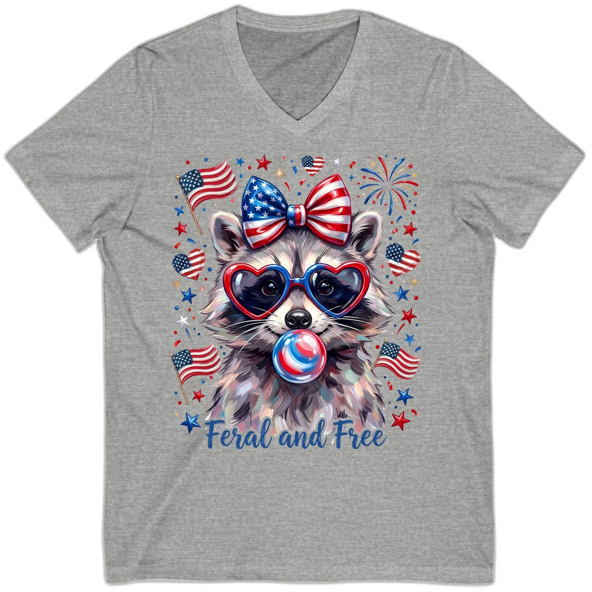 Patriotic Raccoon Feral and Free Fourth of July V-Neck in Athletic Heather
