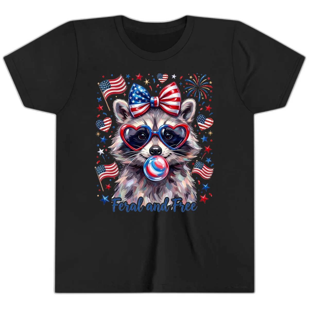 Patriotic Raccoon Feral and Free Fourth of July Youth T-Shirt in Black