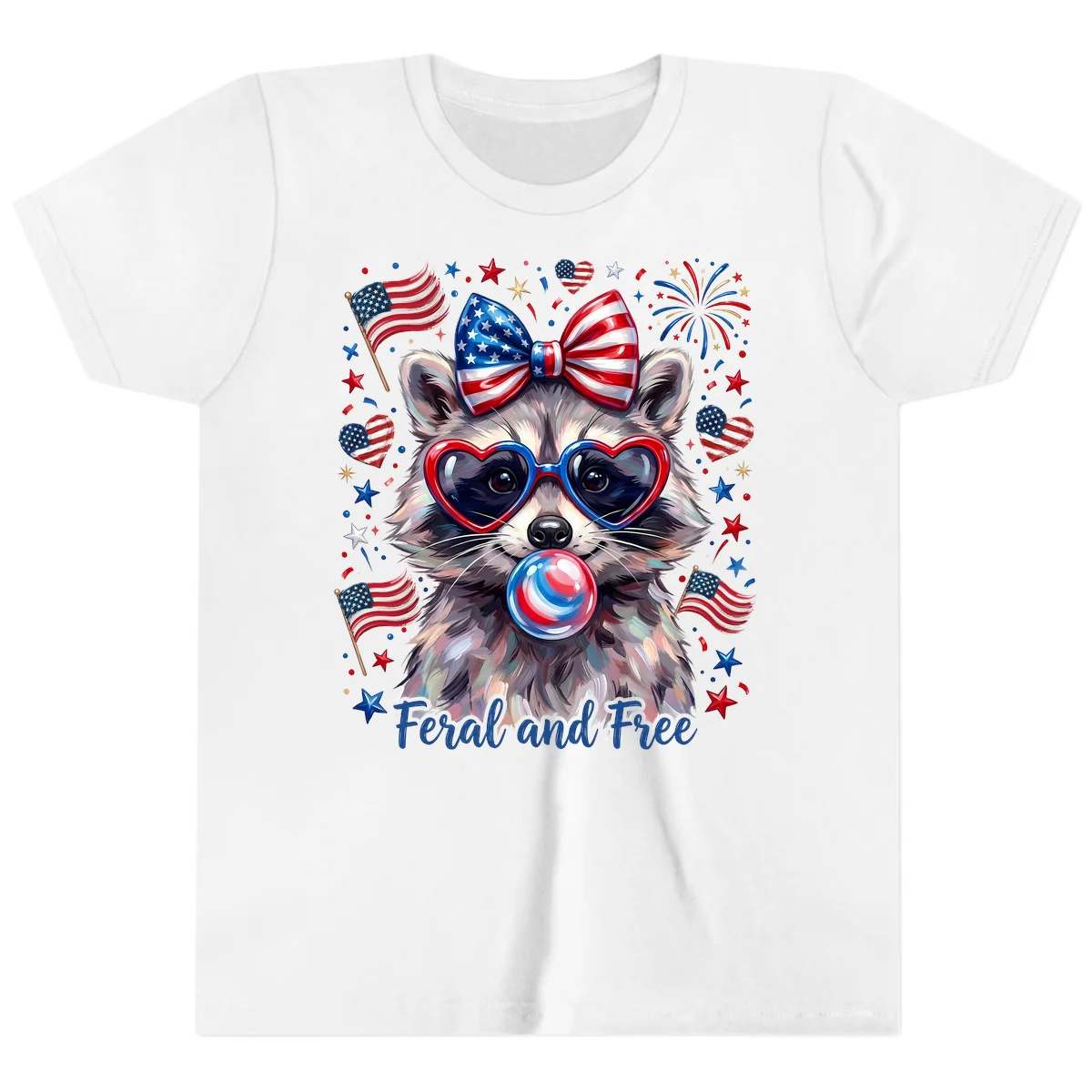 Patriotic Raccoon Feral and Free Fourth of July Youth T-Shirt in White