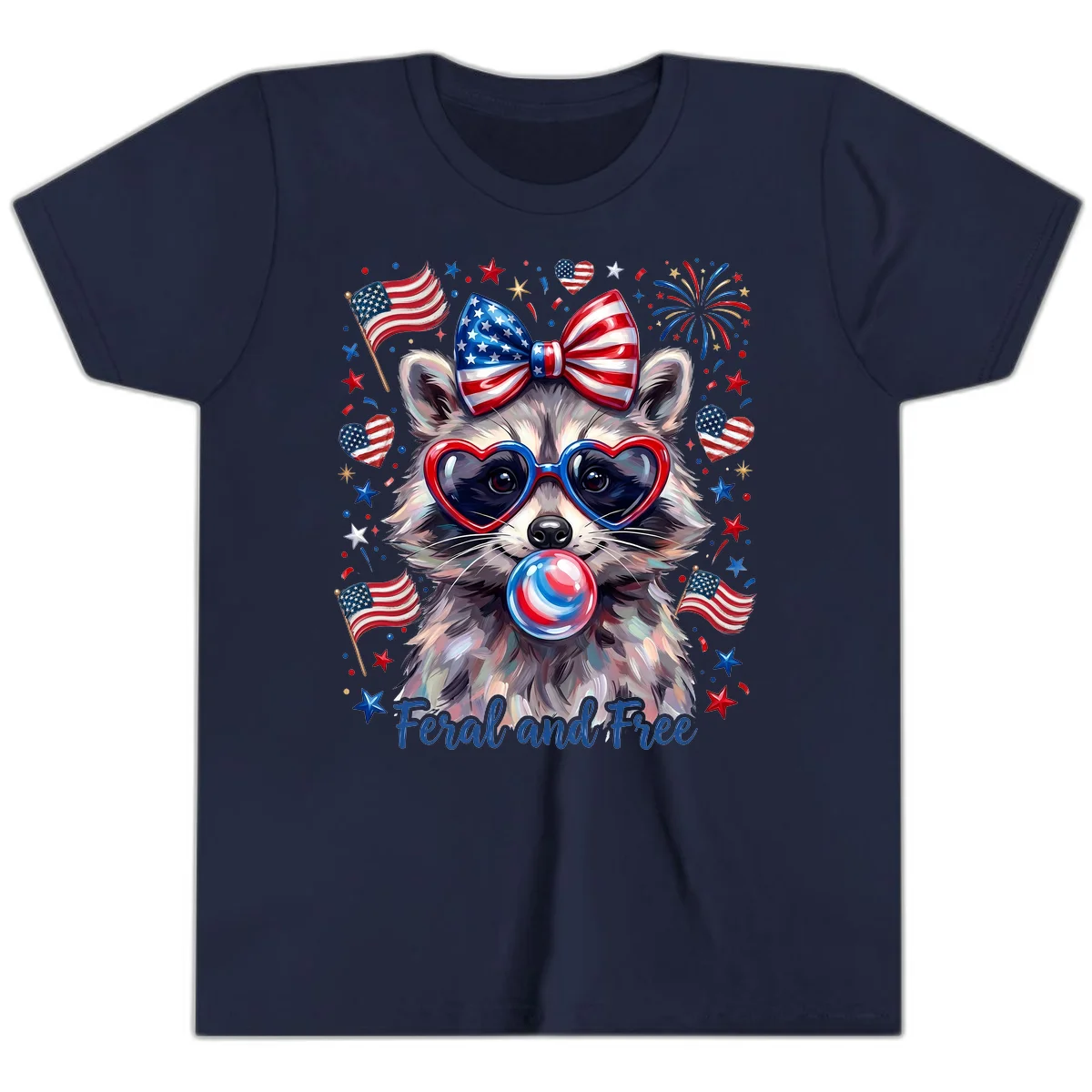 Patriotic Raccoon Feral and Free Fourth of July Youth T-Shirt in Navy