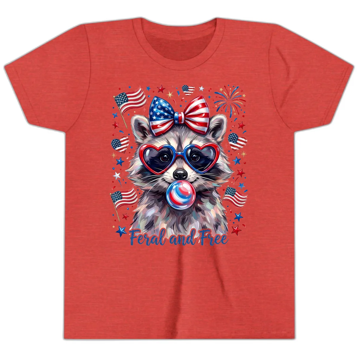 Patriotic Raccoon Feral and Free Fourth of July Youth T-Shirt in Heather Red