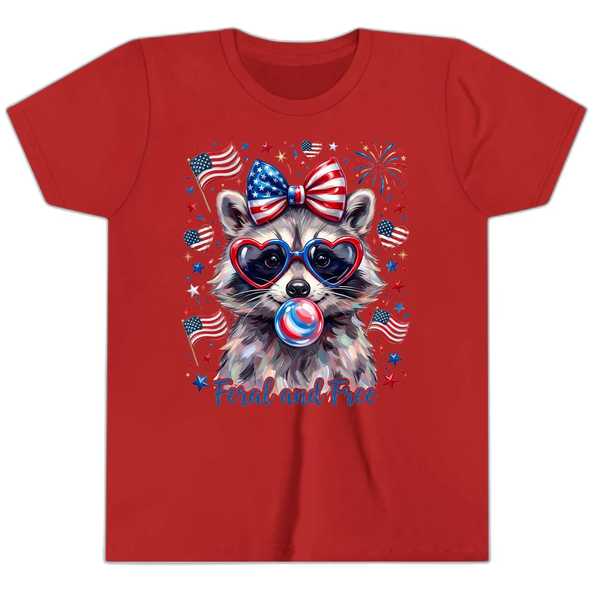 Patriotic Raccoon Feral and Free Fourth of July Youth T-Shirt in Red