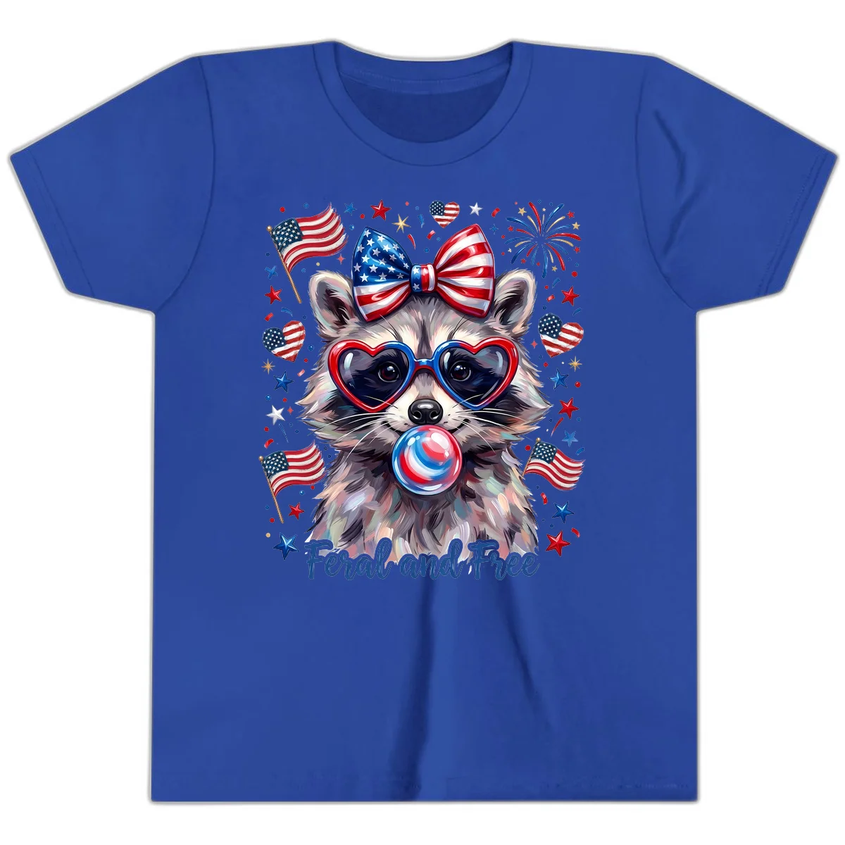 Patriotic Raccoon Feral and Free Fourth of July Youth T-Shirt in True Royal